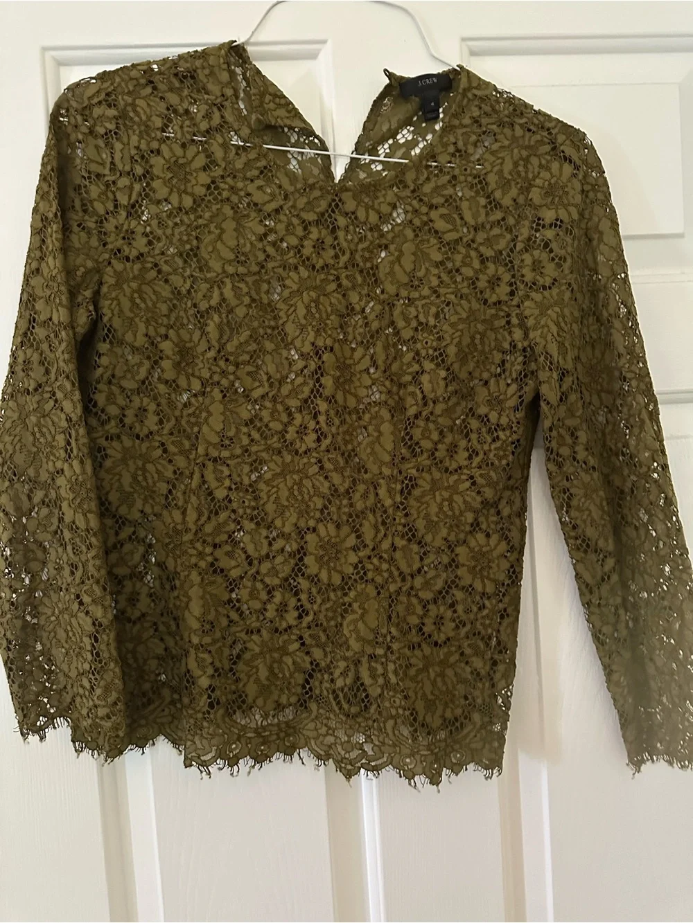 J. Crew Olive Lace Long-Sleeve Crochet Blouse